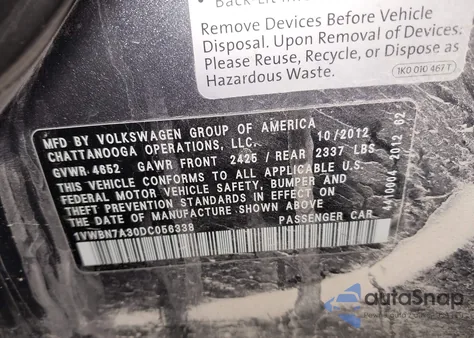 2013 Volkswagen Passat 2.0L Tdi Se z USA, uszkodzony, nr VIN 1VWBN7A30DC056338